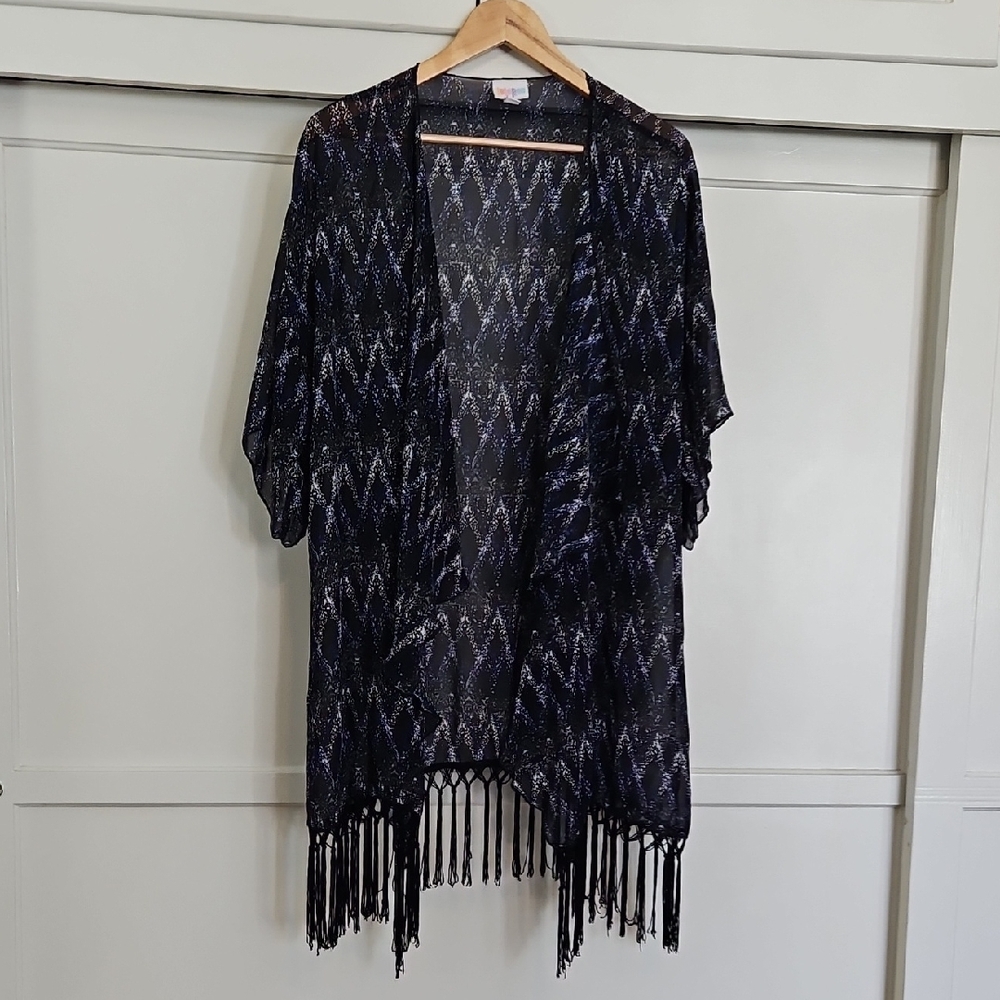 LuLaRoe Black & Blue Fringe Lindsay Kimono Cardigan